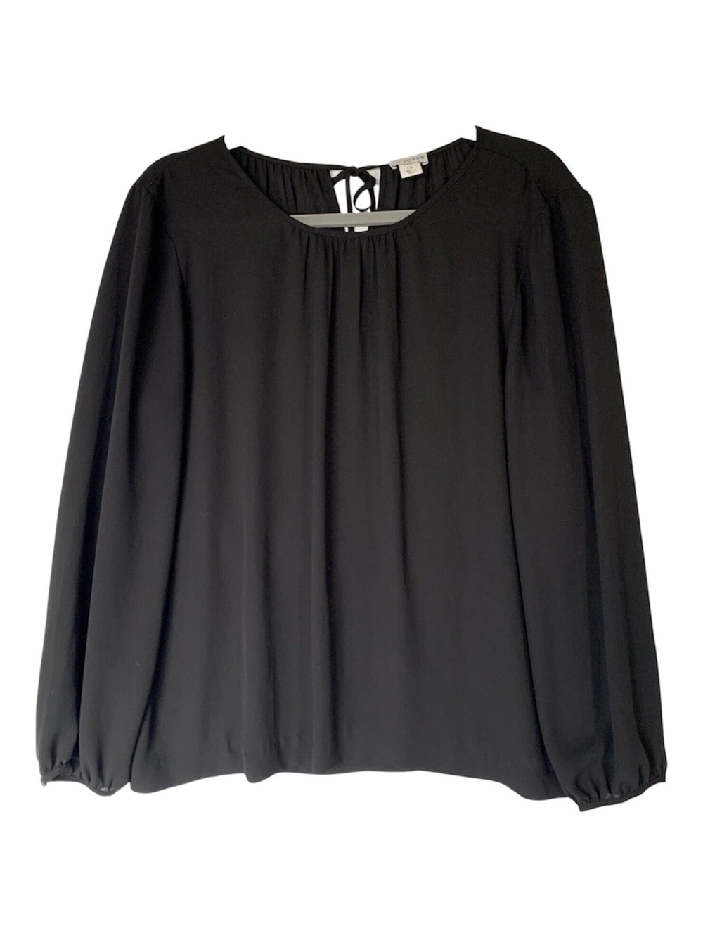 J.Crew Black Gatheted Neck Balloon Sleeve Tie Back Blouse Size 14